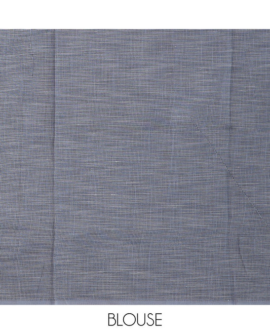 Blue square buttas woven cotton saree, contrast plain border and pallu features a pink flower with stem motifs