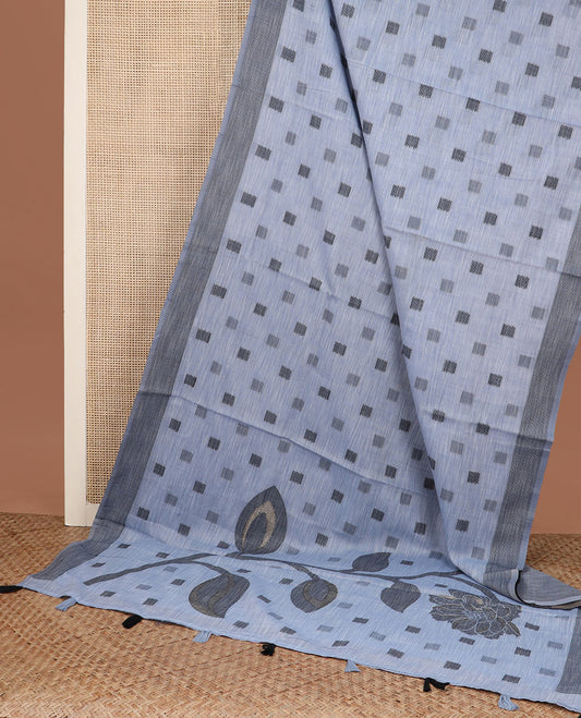 Blue square buttas woven cotton saree, contrast plain border and pallu features a pink flower with stem motifs