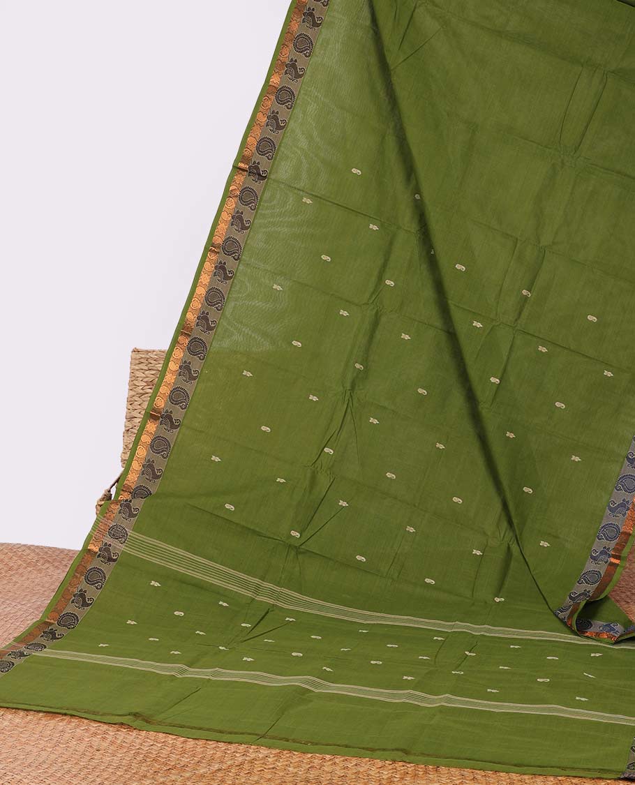 Green buttas Chettinad cotton saree, paisley motifs border & striped pallu