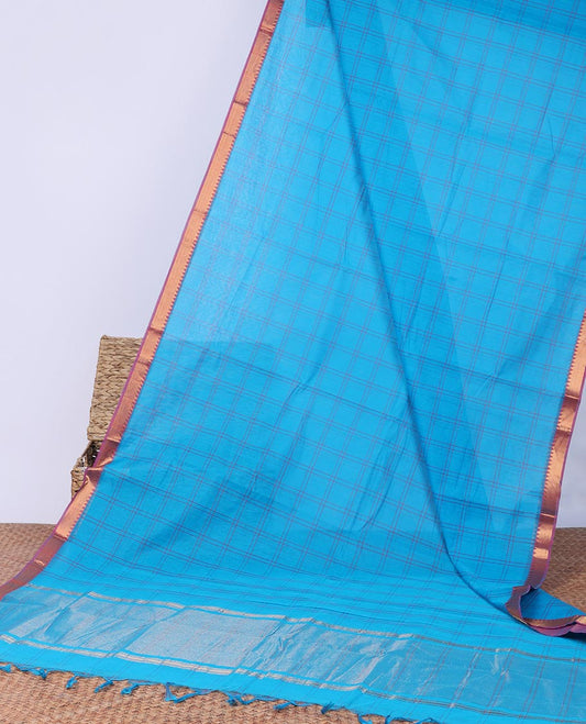 Blue checked design khadi cotton saree, contrast zari border & traditional zari pallu