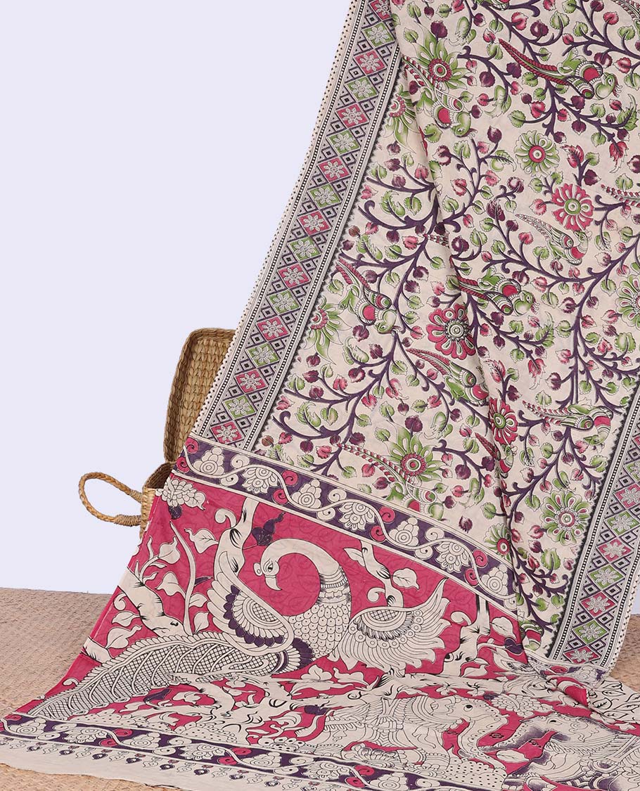 Cream floral, peacock design machine-printed kalamkari cotton saree with contrast geometric border & peacock design pallu