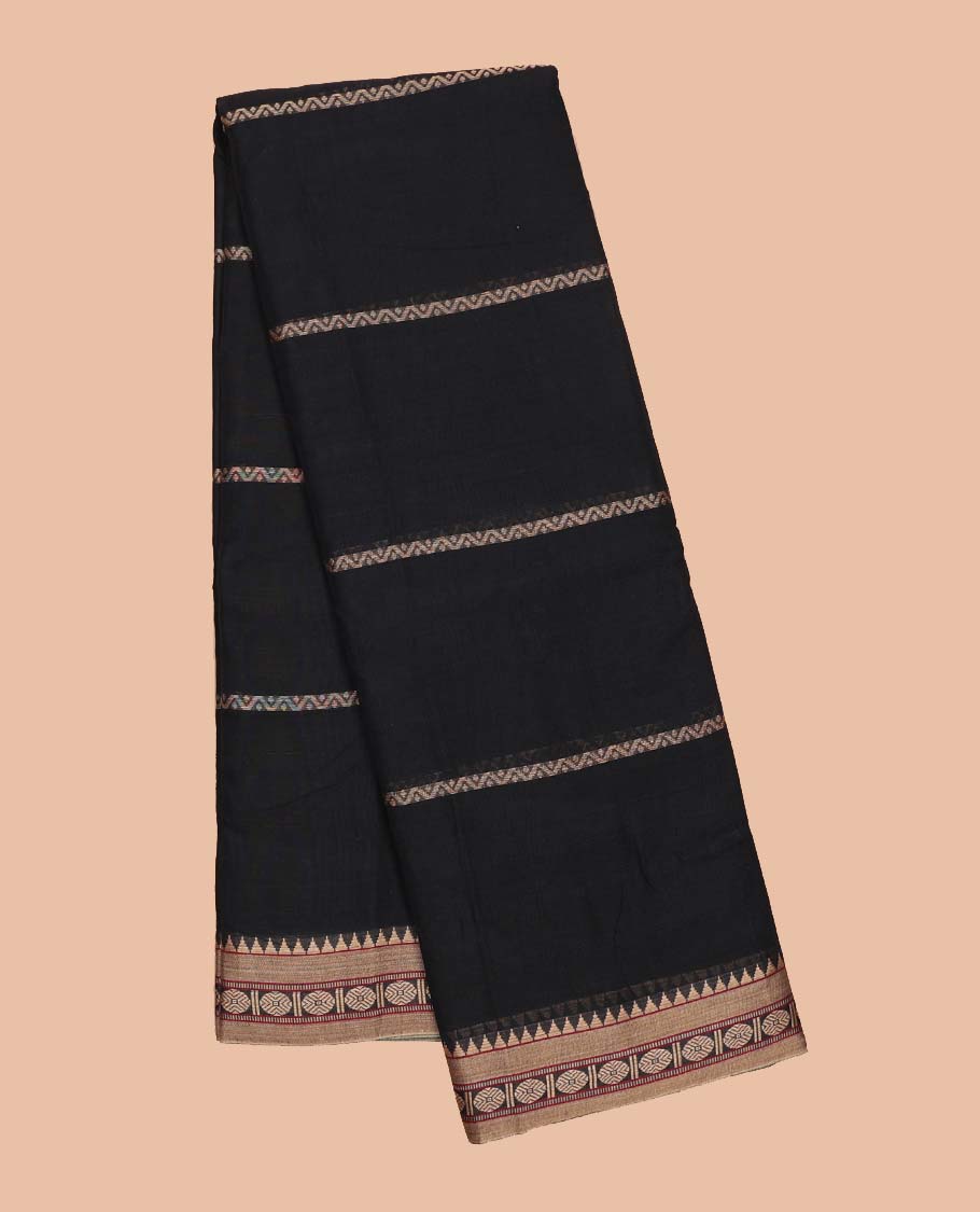 Black striped Narayanapet cotton saree, traditional motifs border & striped pallu