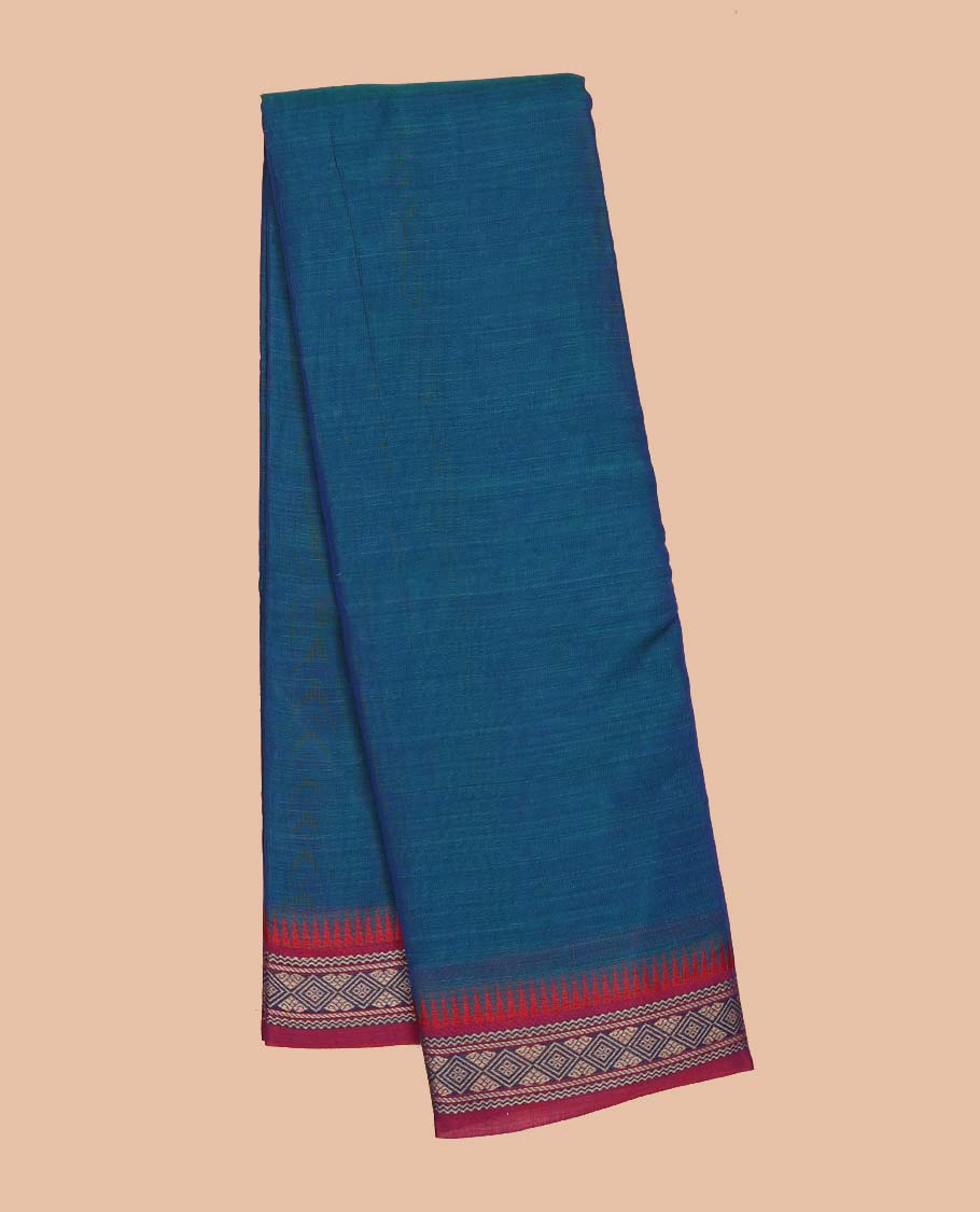 Blue plain Narayanapet cotton saree, contrast unique design border & striped pallu