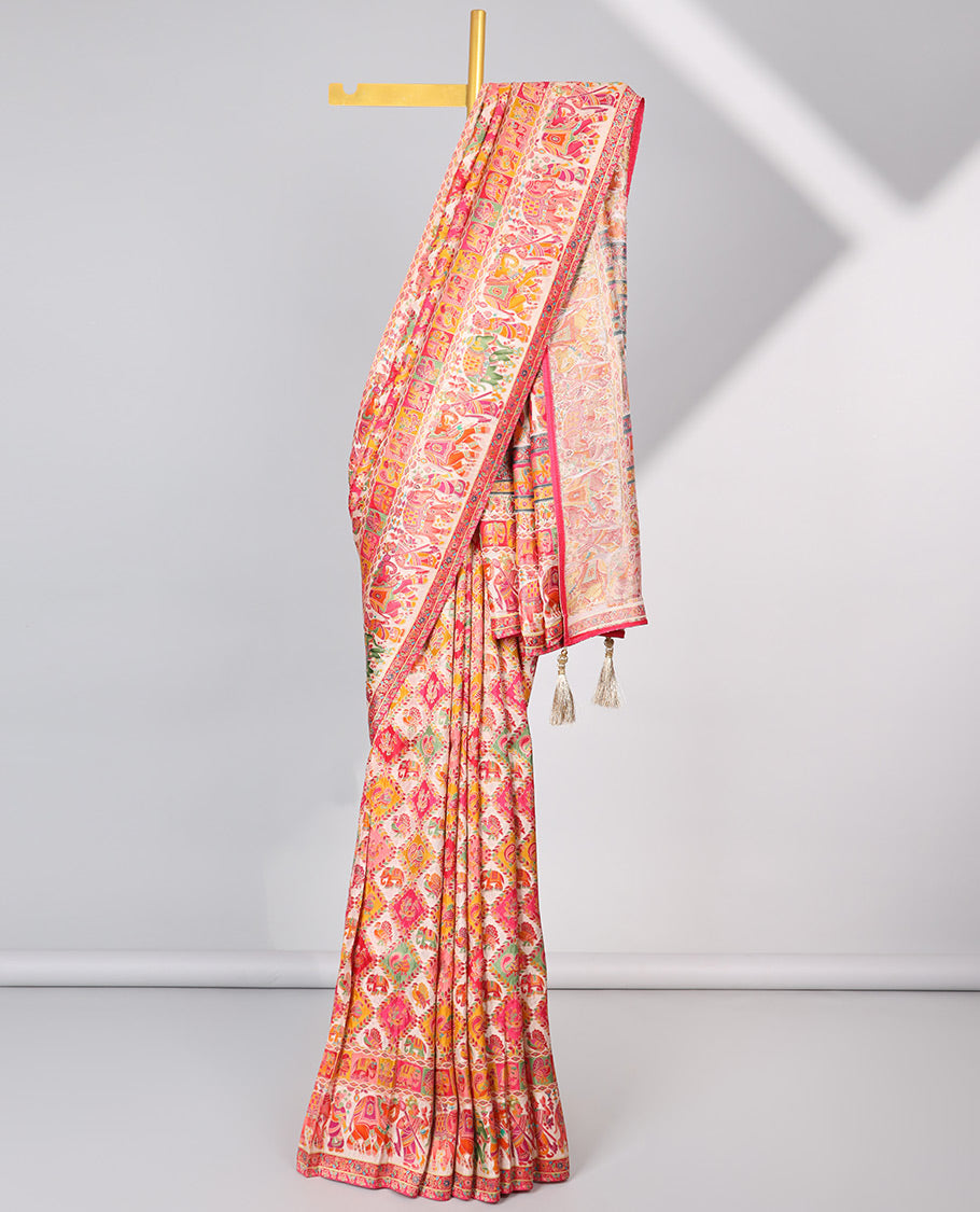 Multi-colored motifs enclosed with argyle design semi-banaras dola silksaree with contrast border & pallu of wedding design