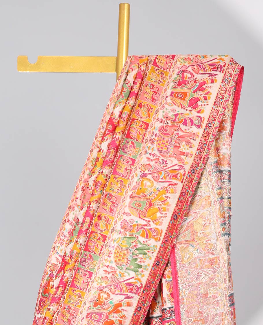 Multi-colored motifs enclosed with argyle design semi-banaras dola silksaree with contrast border & pallu of wedding design