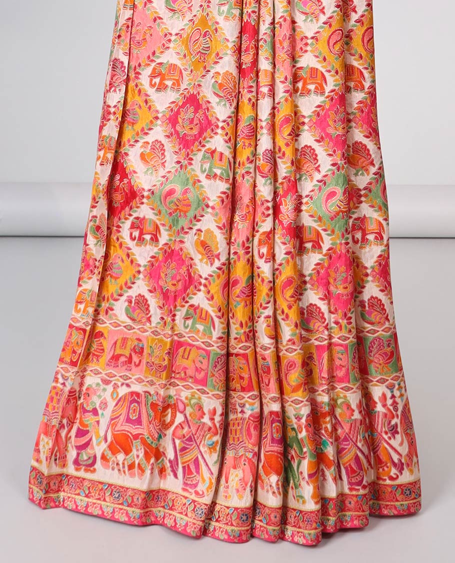 Multi-colored motifs enclosed with argyle design semi-banaras dola silksaree with contrast border & pallu of wedding design