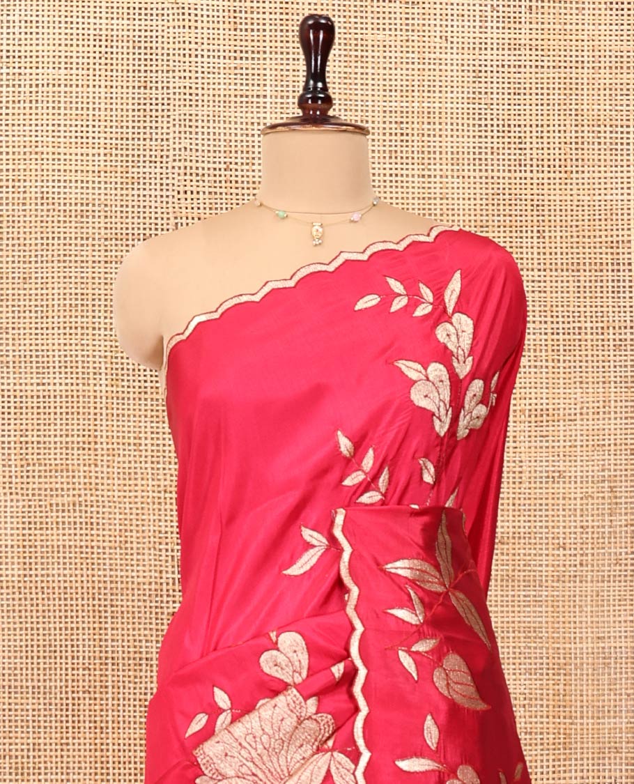 Rani Pink Dupion Silk Saree, Delicately Decked Up with Floral-Leaf Vine Embroidered On Its Body, Subtle Scallop Border, Artfully Floral Embroidered Pallu, and Paired with a Plain Blouse