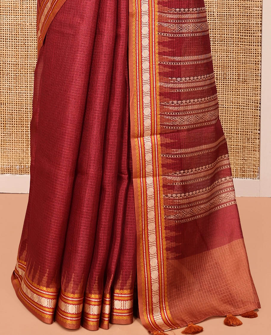 Maroon Kota Saree, Contrast Temple Thread Traditional Border, and a Contrast Blouse
