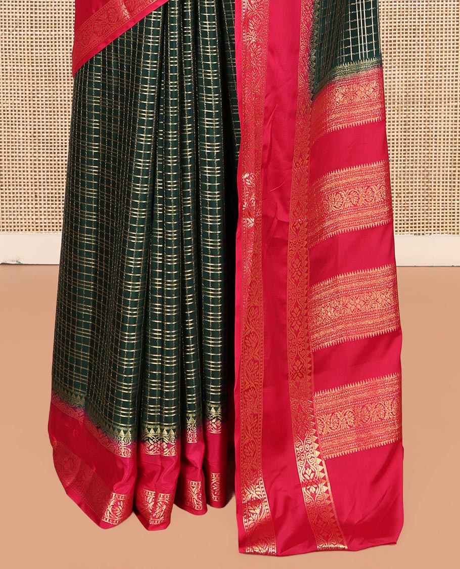 Bottle Green Fancy Mysore Silk Saree Features Checks, Contrast Traditional Double-Pet Border, Rich Pallu, Contrast Blouse