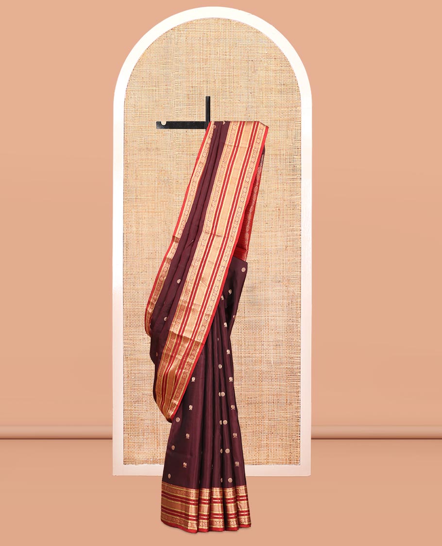 Coffee Brown Mayil-Chakra Vasundhara Lite Silk Mix Saree, Contrast Traditional Border, and Contrast Blouse