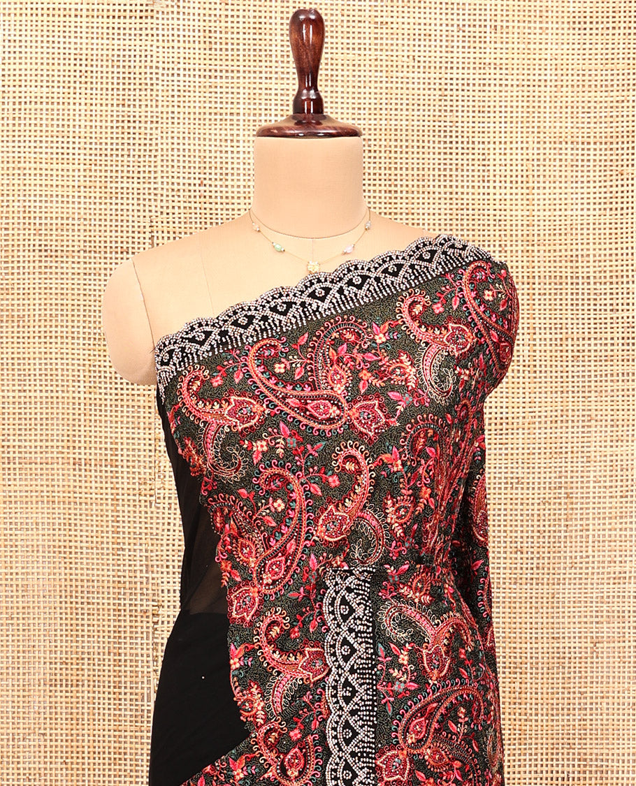 Black Designer Saree, Masterfully Woven with Paisley Embroidery, a Scallop Embroidered Border, and a Matching Blouse