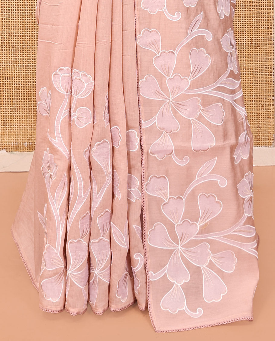 Pale Peach Organza Saree, Adorned with Floral Vine Design, a Lace Border, and a Matching Blouse