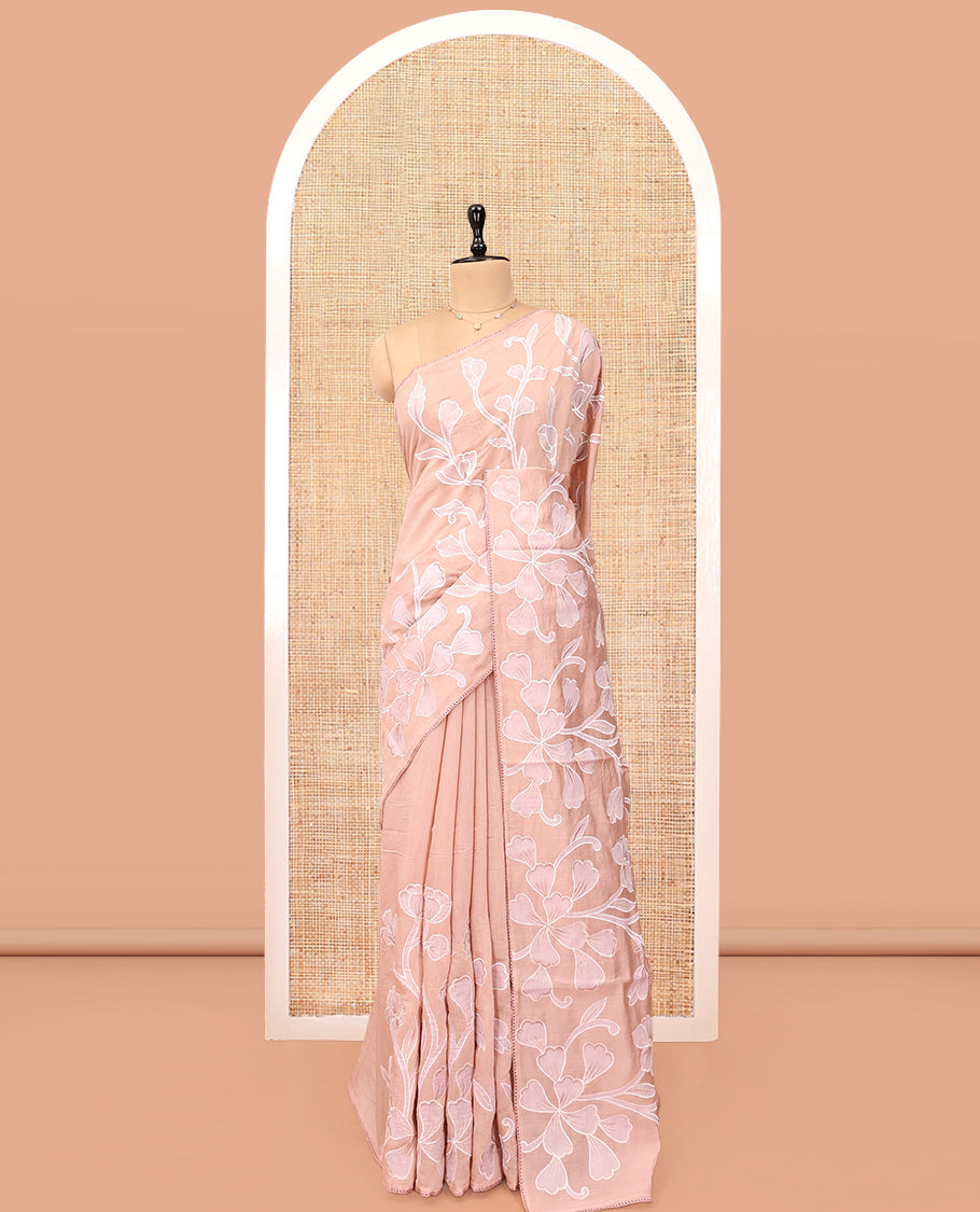 Pale Peach Organza Saree, Adorned with Floral Vine Design, a Lace Border, and a Matching Blouse
