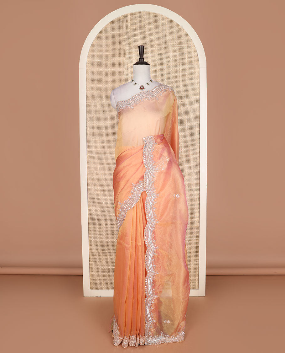 Orange floral embroidered designer organza saree, embroidered scallop border