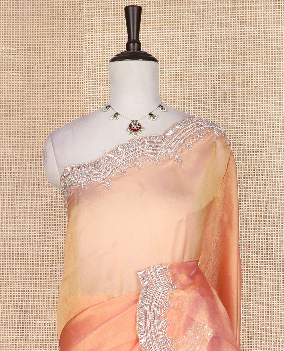 Orange floral embroidered designer organza saree, embroidered scallop border