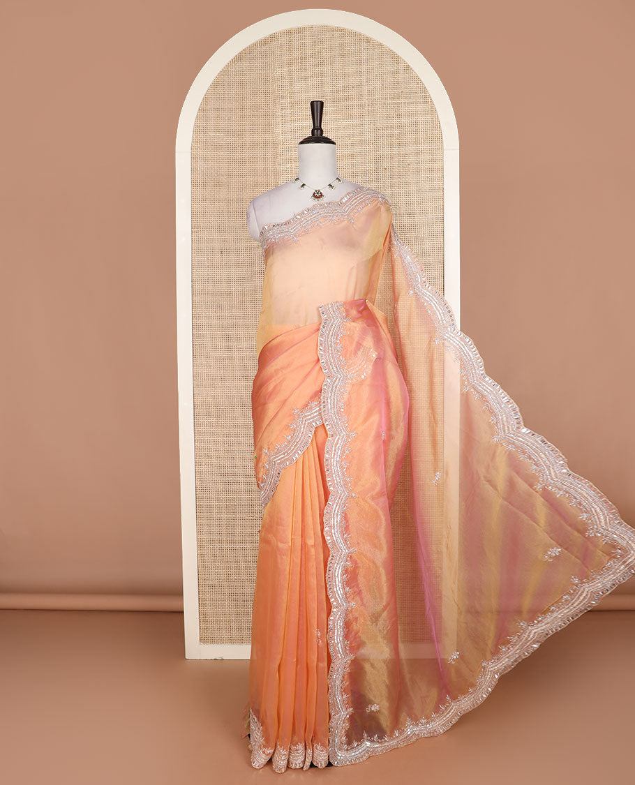 Orange floral embroidered designer organza saree, embroidered scallop border