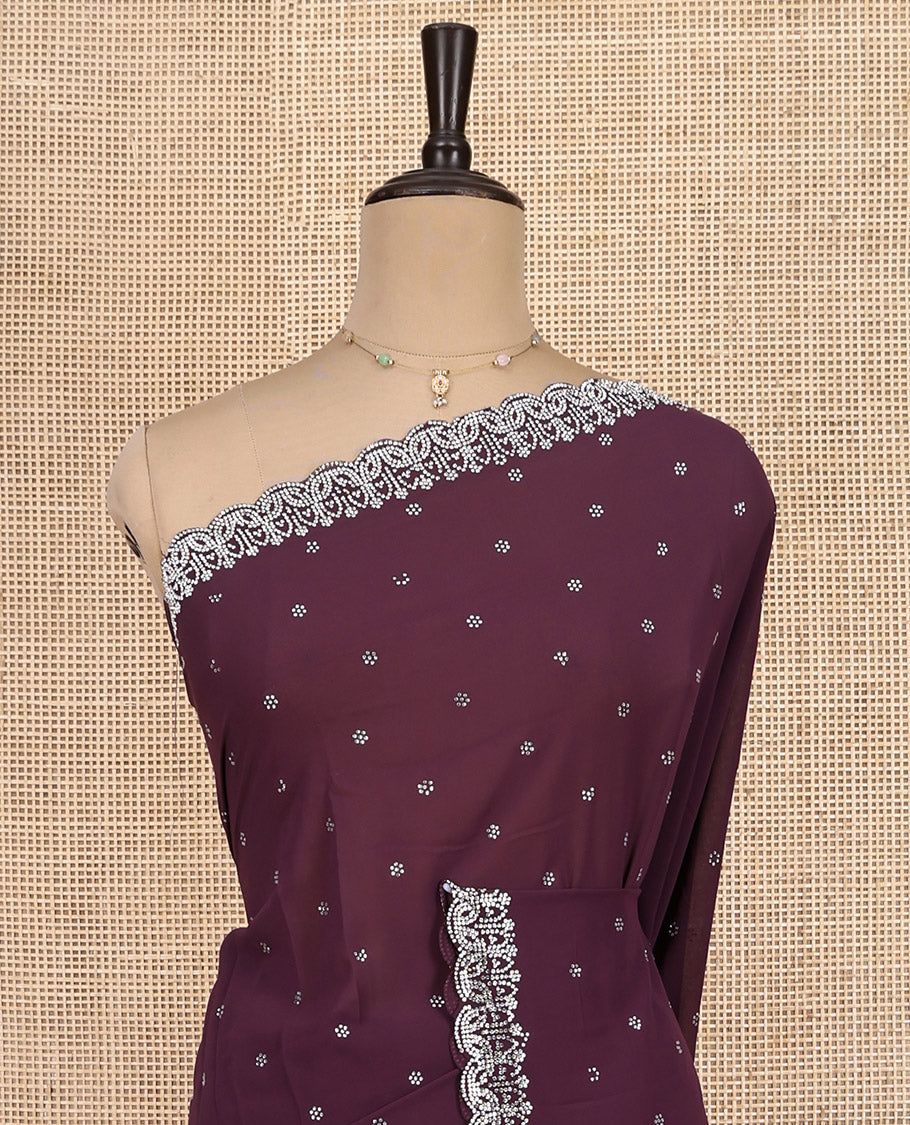 Purple Designer Saree, Beautifully Bedecked with Stone Work, Scallop Lace Border, a Self-Pallu, and a Matching Blouse