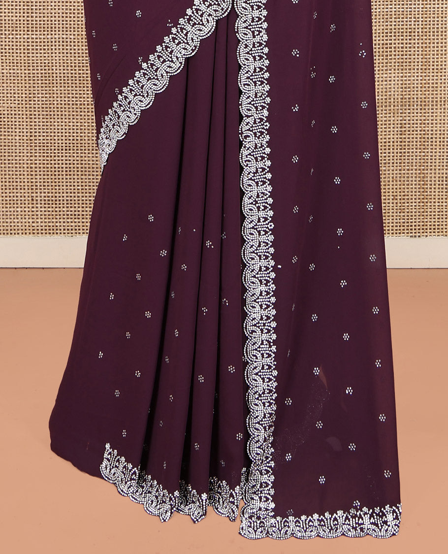 Purple Designer Saree, Beautifully Bedecked with Stone Work, Scallop Lace Border, a Self-Pallu, and a Matching Blouse