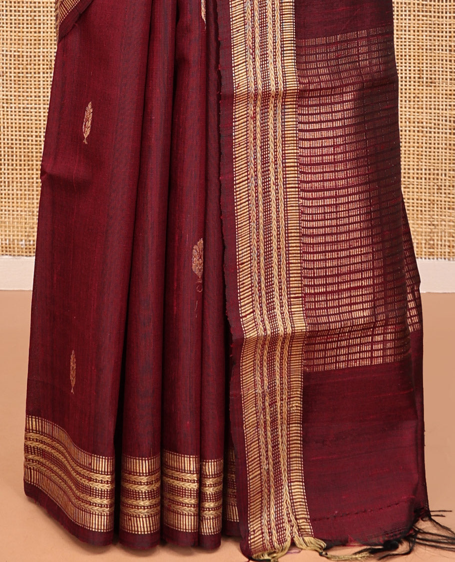Maroon Dupion Silk Saree, Ornamented with Buttas, a Traditional Border, Striped Pallu, and a Matching Blouse