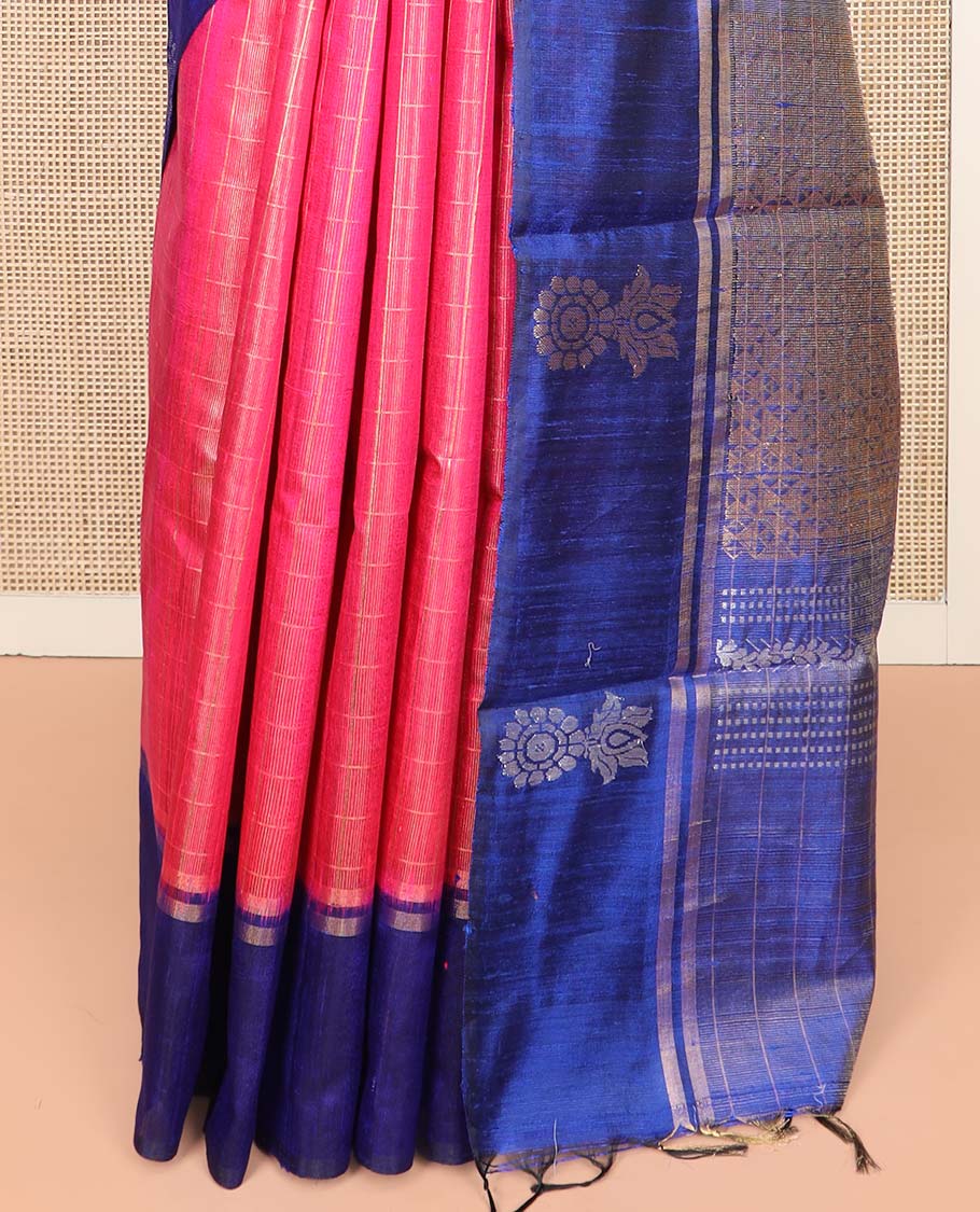 Pink Dupion Silk Saree Decked Up with Checks All Over Its Body, Complemented by a Contrast Border of Unique Motifs in Zari, Grand Pallu Depicts Geometric Designs, and Paired with a Contrast Blouse
