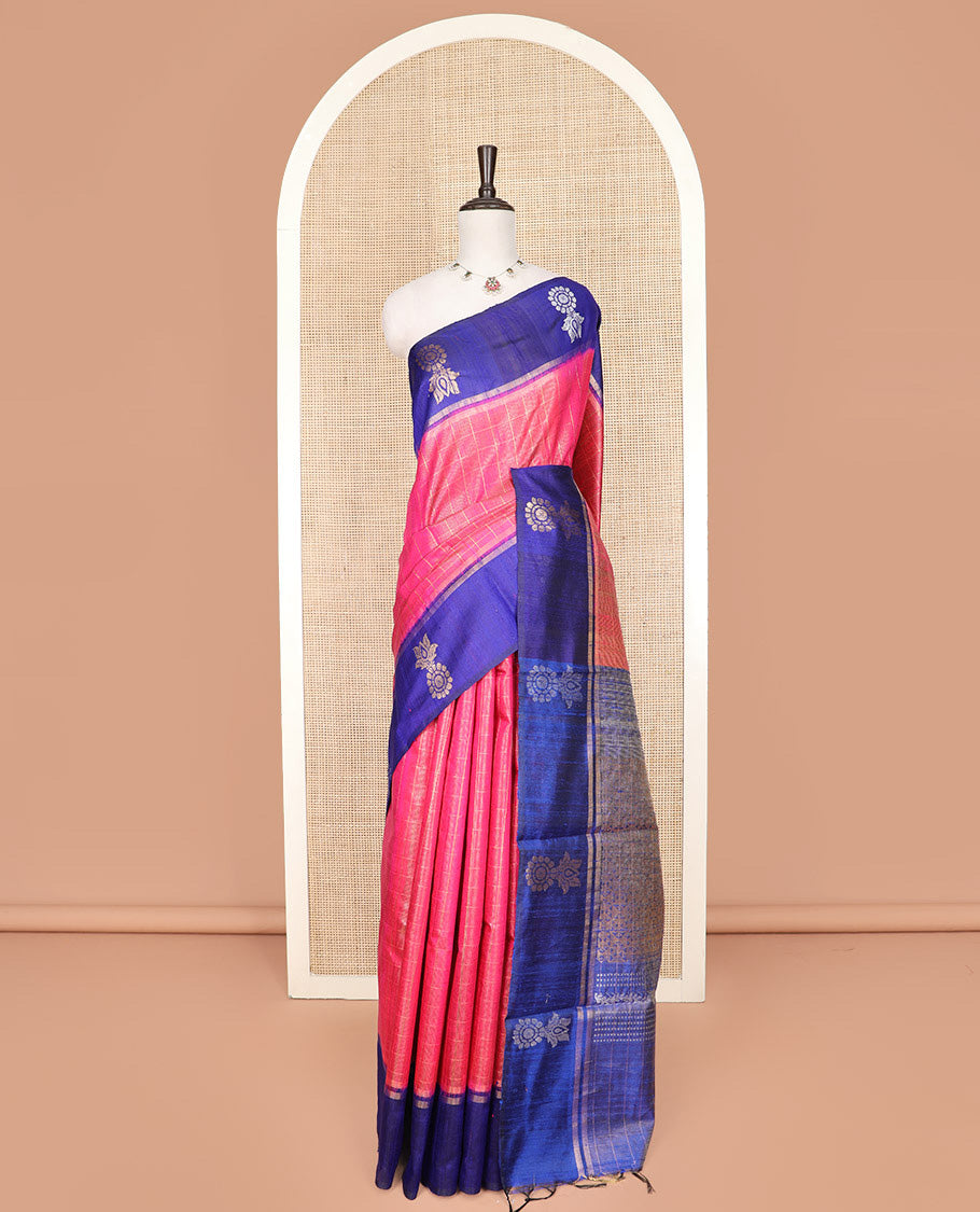 Pink Dupion Silk Saree Decked Up with Checks All Over Its Body, Complemented by a Contrast Border of Unique Motifs in Zari, Grand Pallu Depicts Geometric Designs, and Paired with a Contrast Blouse