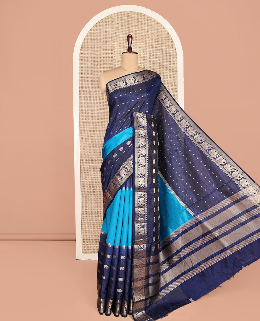 Blue Dupion Silk Saree Features Half-And-Half and Zari Buttas, and Checks, Complemented by a Contrast Traditional Zari Border, Zari Striped Pallu, and a Contrast Blouse