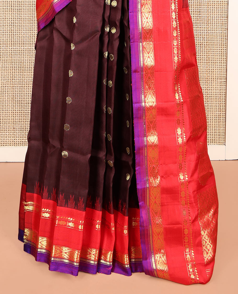 Brown Gadwal Silk Saree, Finely Crafted with Zari Buttas, Complemented by a Contrast Traditional Zari Border, Grand Jaal Pallu, and a Contrast Blouse