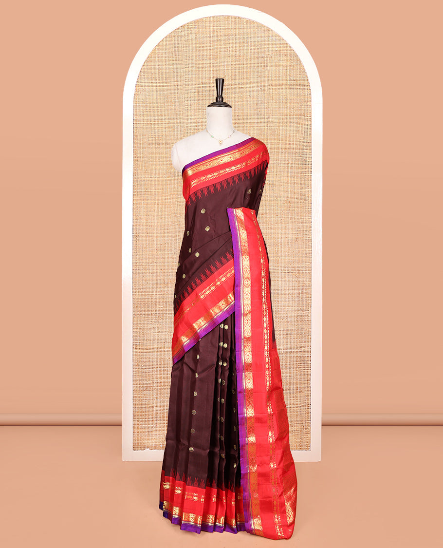 Brown Gadwal Silk Saree, Finely Crafted with Zari Buttas, Complemented by a Contrast Traditional Zari Border, Grand Jaal Pallu, and a Contrast Blouse