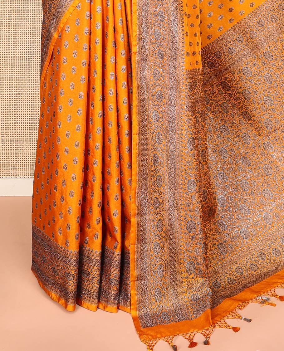 Orange Fancy Georgette Saree Bedecked with Zari Buttas, Hazily Zari Woven Border of Traditional Designs, Hazily Woven Pallu of Floral Jaal Designs, and Paired with a Matching Blouse