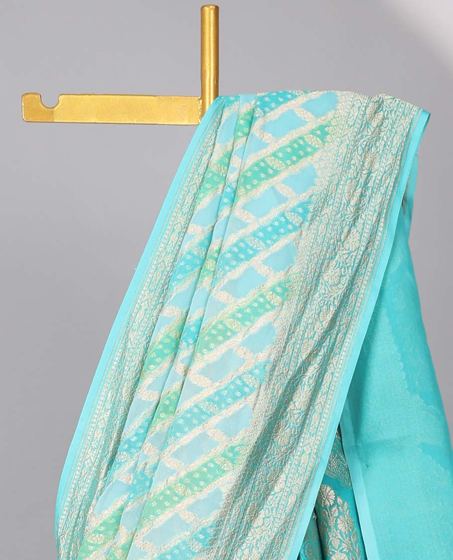 Blue rangkat-style jacquard design banaras georgette saree with zari border & intricate floral design pallu