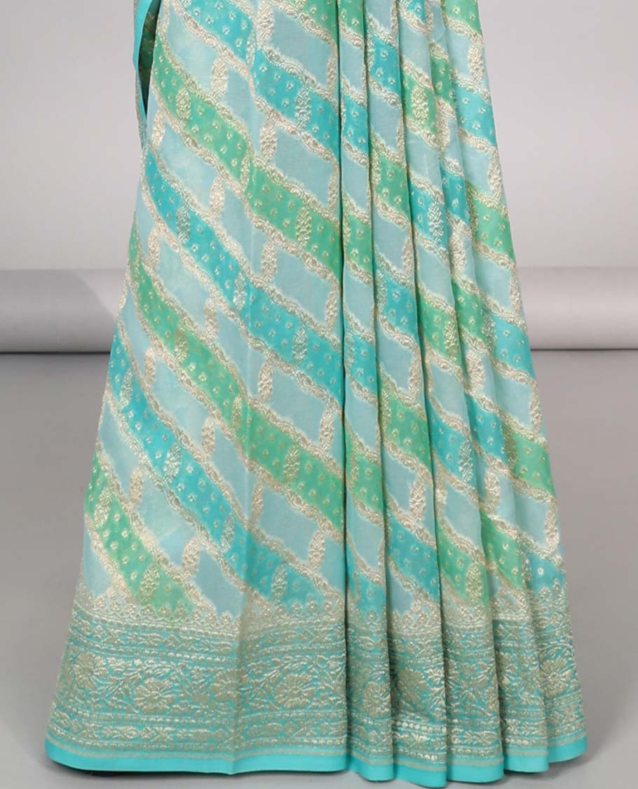 Blue rangkat-style jacquard design banaras georgette saree with zari border & intricate floral design pallu