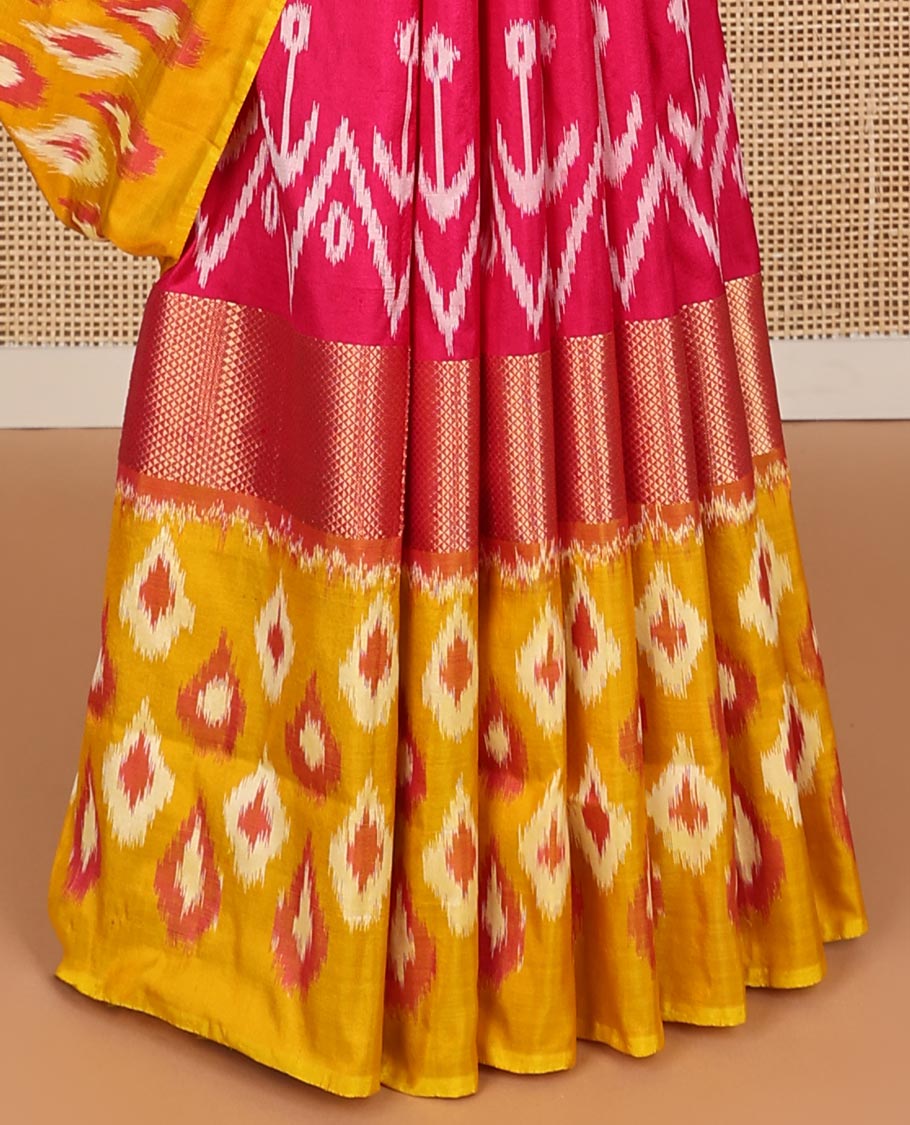 Red geometric design ikkat saree with contrast floral design border & ogee design pallu