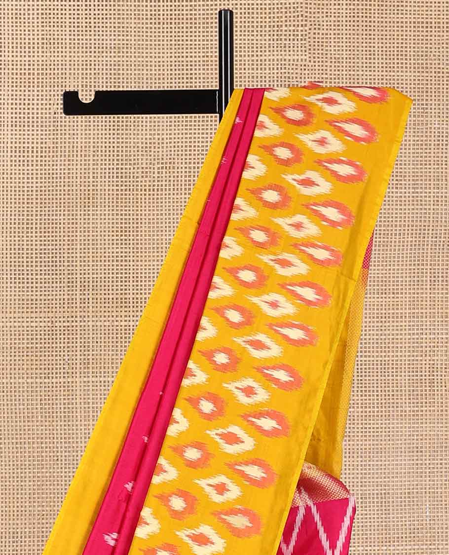 Red geometric design ikkat saree with contrast floral design border & ogee design pallu