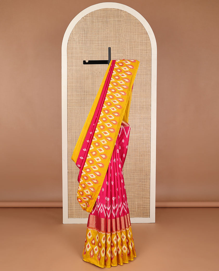 Red geometric design ikkat saree with contrast floral design border & ogee design pallu