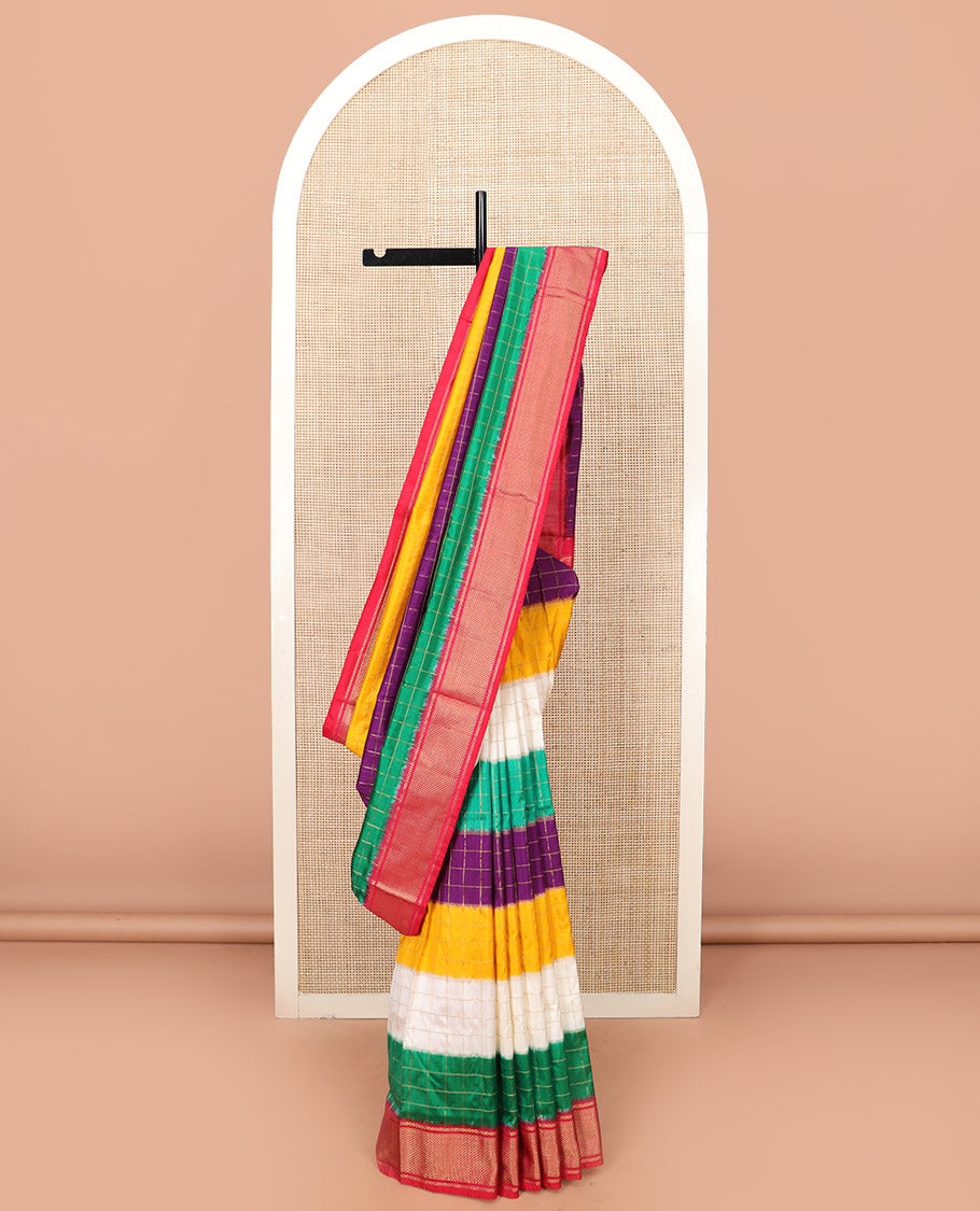 Vibrant Multi-Coloured Blocked Ikkat Silk Saree with Gleaming Zari Checks, Highlighted with a Contrast Border, Jaal Patterned Pallu, and a Contrast Blouse