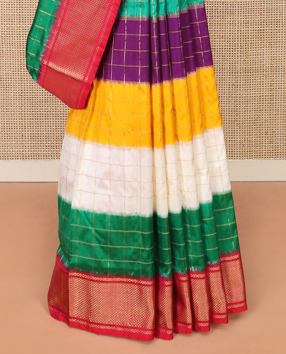 Vibrant Multi-Coloured Blocked Ikkat Silk Saree with Gleaming Zari Checks, Highlighted with a Contrast Border, Jaal Patterned Pallu, and a Contrast Blouse