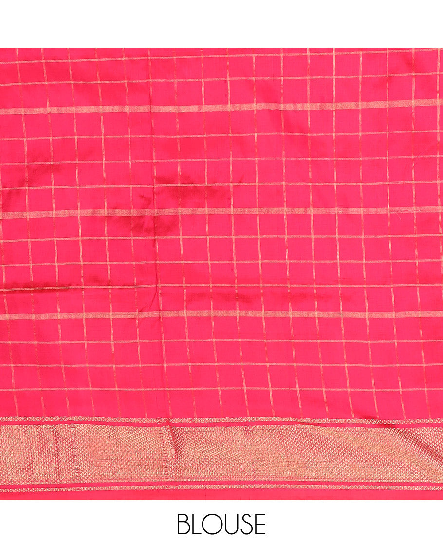 Vibrant Multi-Coloured Blocked Ikkat Silk Saree with Gleaming Zari Checks, Highlighted with a Contrast Border, Jaal Patterned Pallu, and a Contrast Blouse