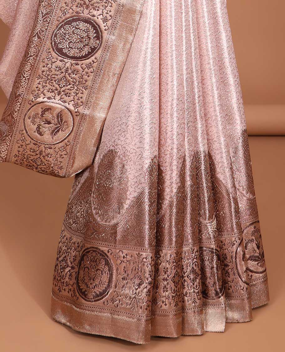Pink floral jacquard tissue saree with contrast intricate zari design border & floral jaal zari design pallu