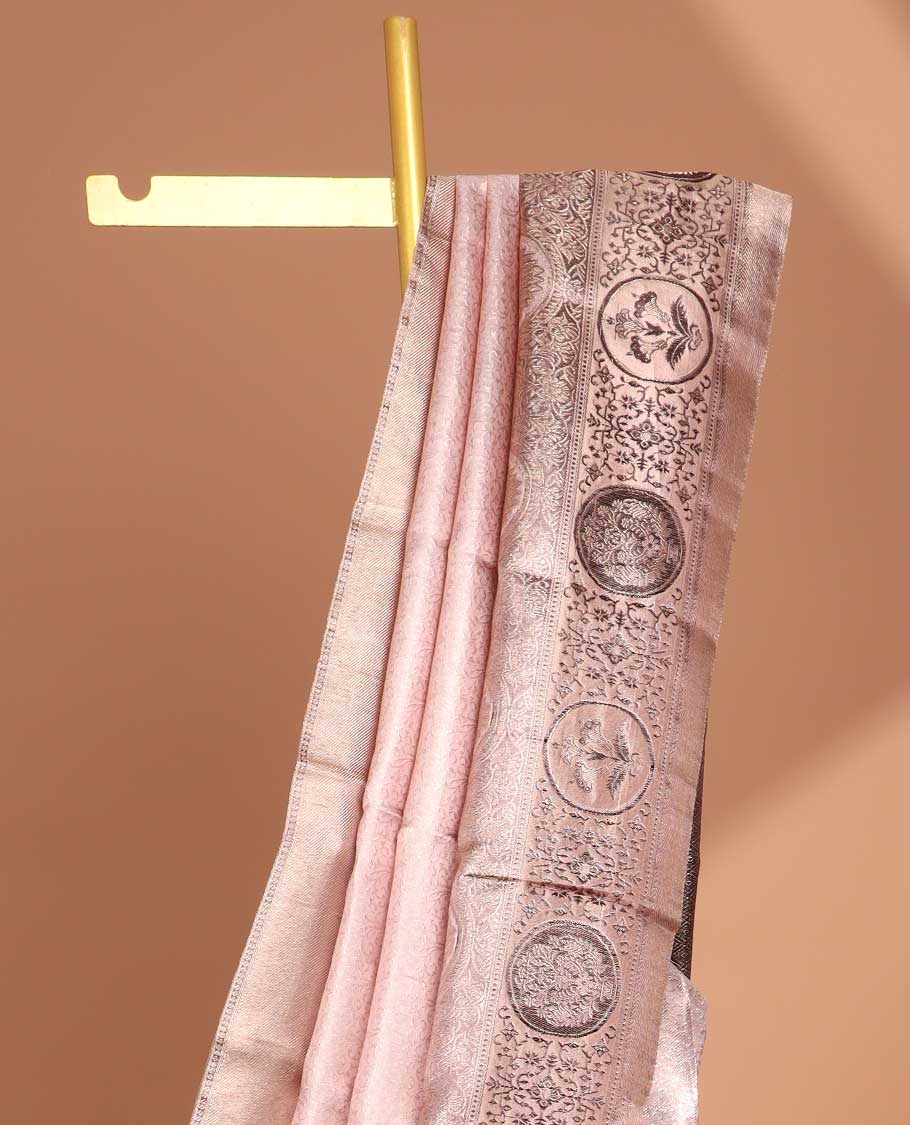 Pink floral jacquard tissue saree with contrast intricate zari design border & floral jaal zari design pallu