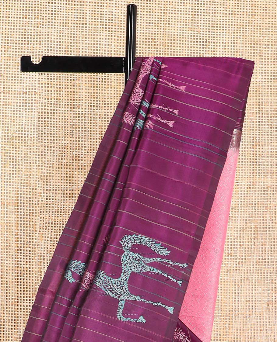 Violet striped, horse design kancheepuram silk sareee with geometric design pallu