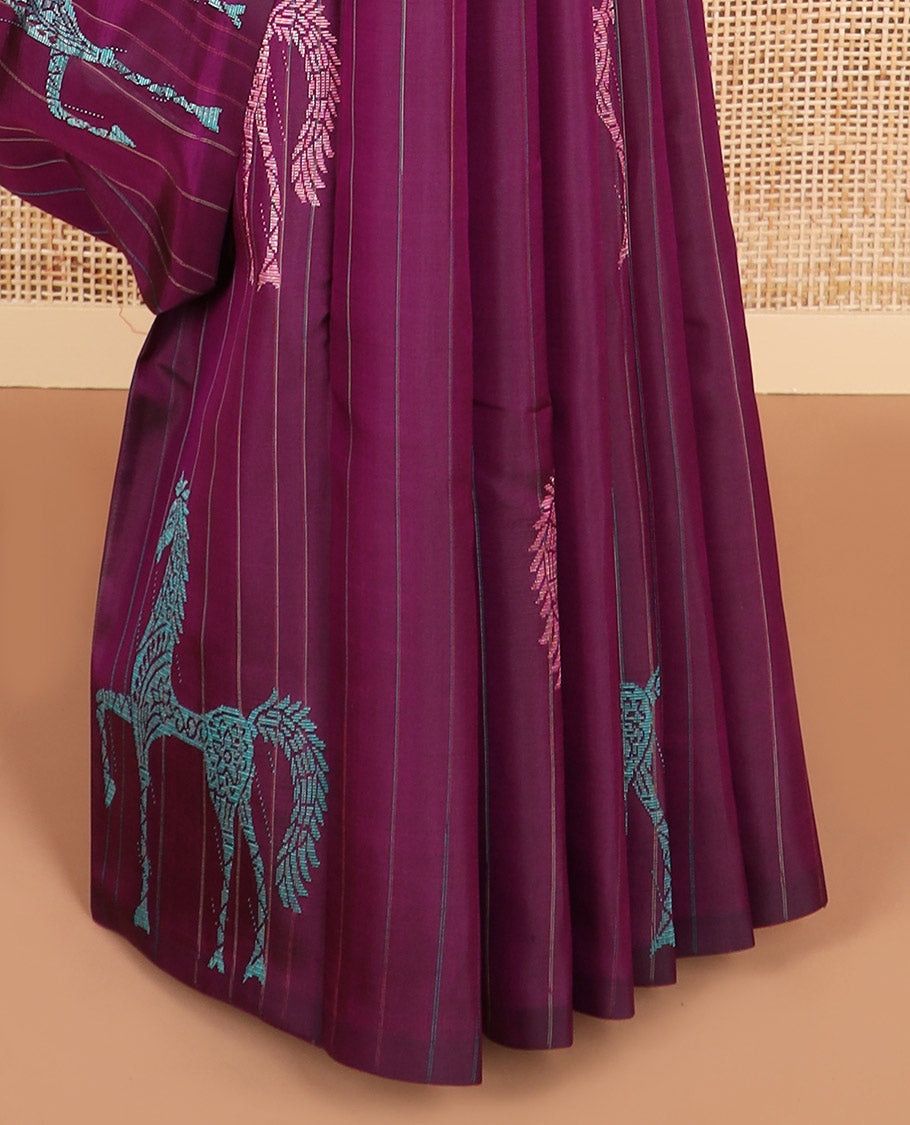 Violet striped, horse design kancheepuram silk sareee with geometric design pallu