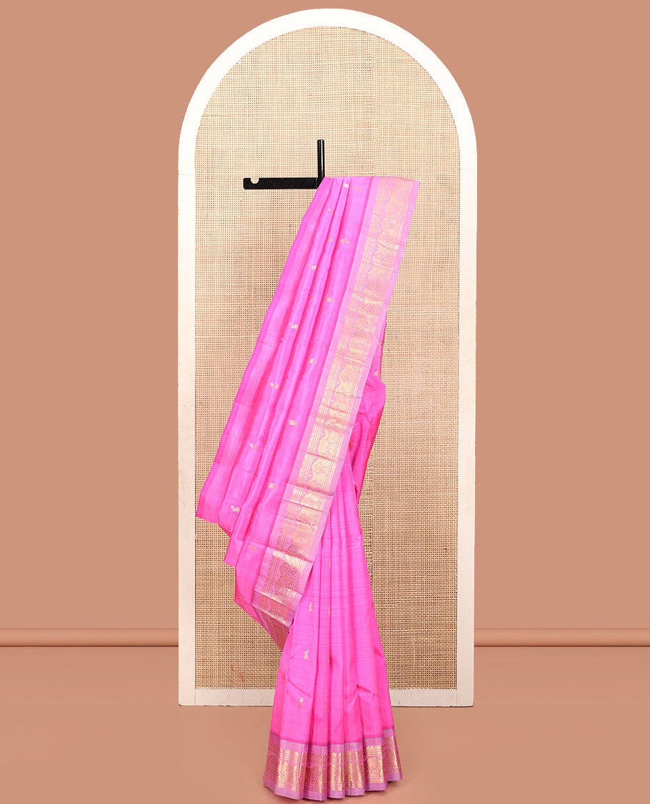 Pink Kanchipuram Silk Saree, Detailed with Zari Buttas, a Contrast One-Sided Traditional Border, Zari Design Pallu, and No Blouse