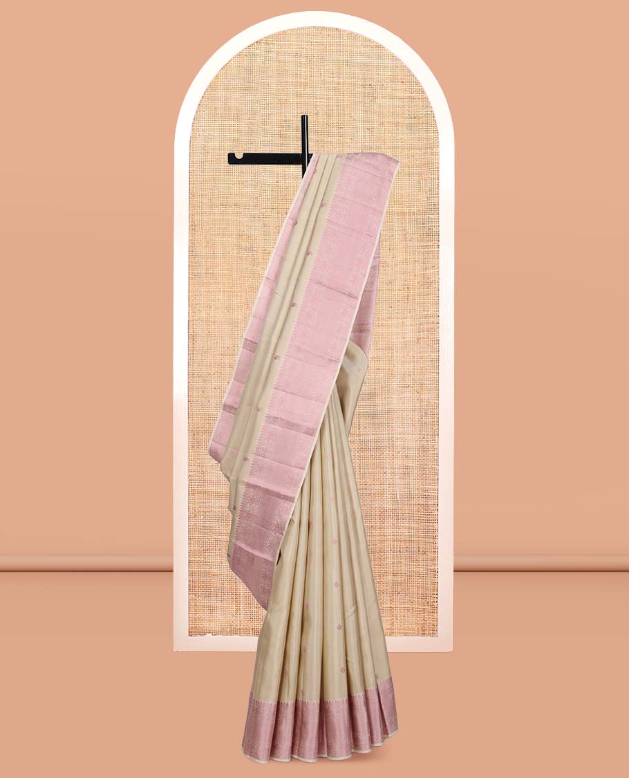 Beige Kanchipuram Silk Saree, Beautifully Bedecked with Thread Buttas, a Self-Border of Thilakam Mokku, Iruthalai Pakshi, and Kuyil Kann, Jaal Pallu, and a Matching Blouse