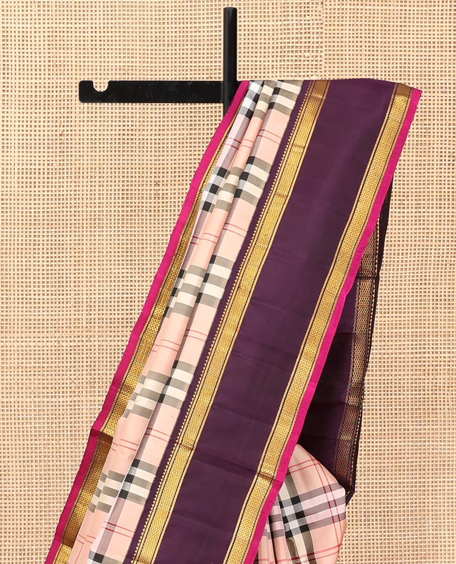 Beige Burberry Checked Kanchipuram Silk Saree, Complemented by a Contrast Rettai Pettu Korvai Border of Rekku, Banaras, Kuyil Kann, and Vanki Designs, Zari Design Pallu, and a Contrast Blouse