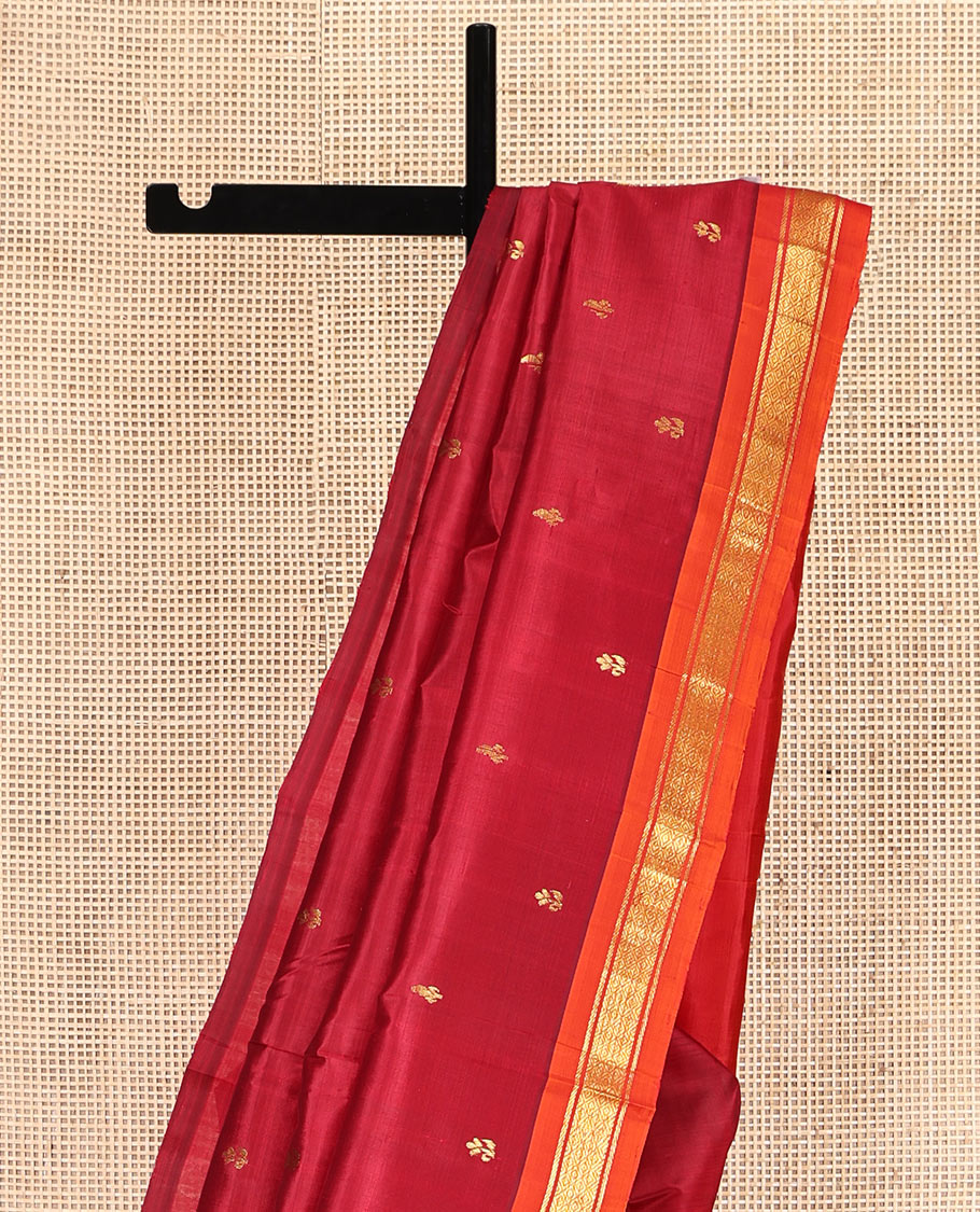 Red Kanchipuram Silk Saree Features Buttas, a Contrast One-Sided Border of Banaras, and Mayil Kann Designs, Zari Design Pallu, and No Blouse