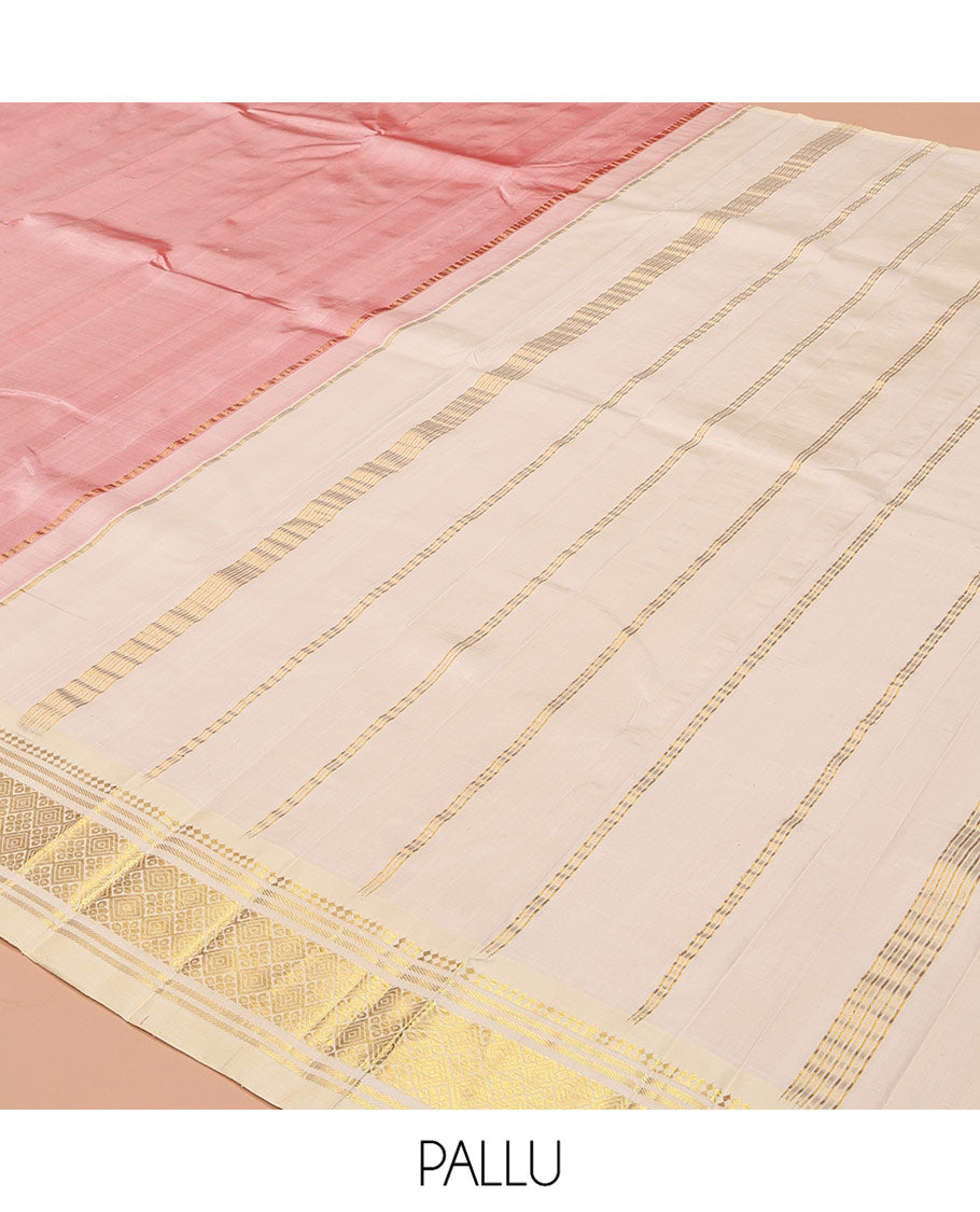 Pink Kanchipuram Silk Saree Featuring Zari Buttas, Complemented by a Contrast One-Sided Border of Panner Sombu, Banaras, and Jaal Design, Zari Design Pallu, and No Blouse