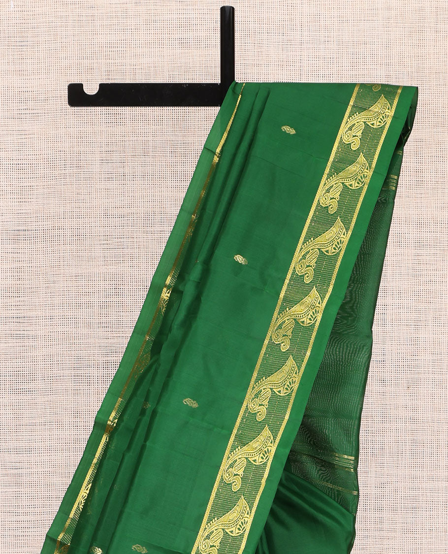 Green Kanchipuram Silk Saree, Woven with Zari Buttas, a Musical Instrument Motif Woven Border, Zari Design Pallu, and a Matching Blouse