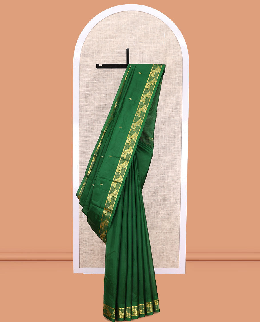 Green Kanchipuram Silk Saree, Woven with Zari Buttas, a Musical Instrument Motif Woven Border, Zari Design Pallu, and a Matching Blouse