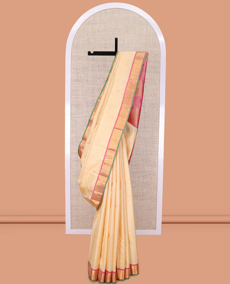 Sandal Vazhaipoo Striped Kanchipuram Silk Saree, Woven with Buttas, Complemented by a Contrast Border of Manga and Ara Maadam, Pallu of Ara Maadam Design, and Contrast Blouse