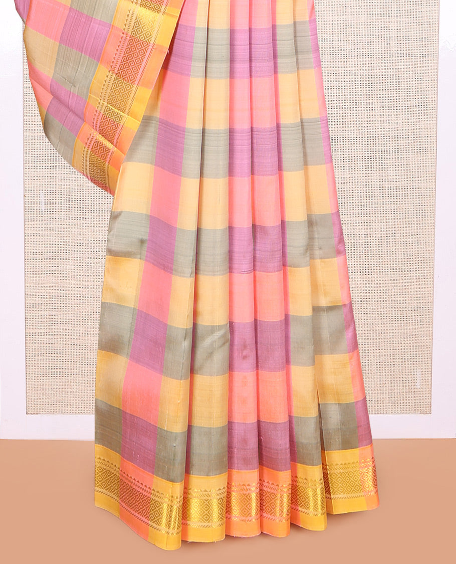 Multi-Color Checked Kanchipuram Silk Saree, a Zari One-sided Border of Rekku, Banaras, and Mayil Kann Designs, Zari Striped Pallu, and No Blouse